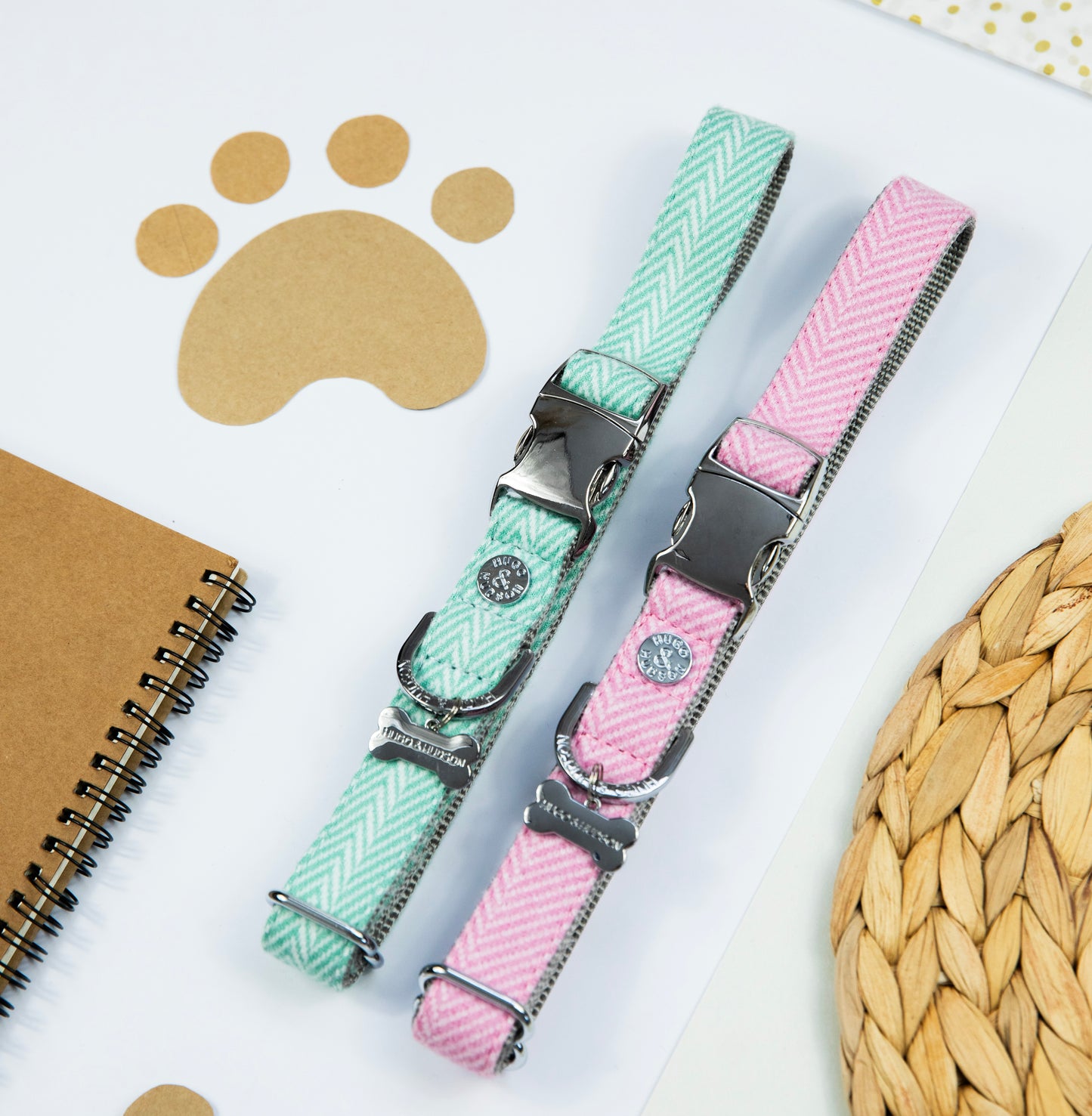 Hugo & Hudson Tweed Metal Buckle Dog Collar - Pink Herringbone