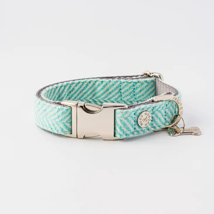 Hugo & Hudson Tweed Metal Buckle Dog Collar - Aqua Herringbone