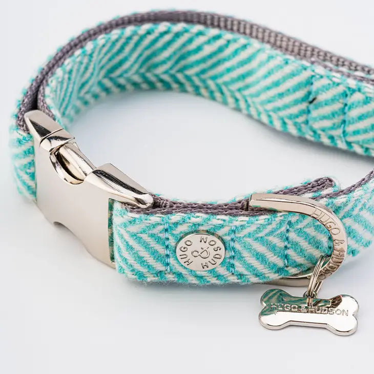 Hugo & Hudson Tweed Metal Buckle Dog Collar - Aqua Herringbone