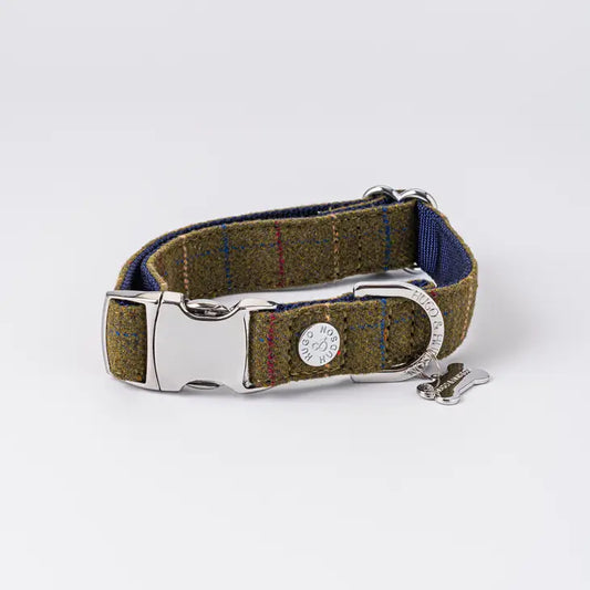 Hugo & Hudson Tweed Metal Buckle Dog Collar - Dark Green Checked