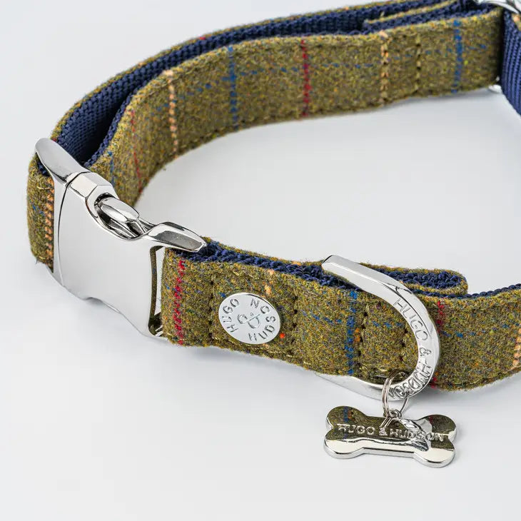 Hugo & Hudson Tweed Metal Buckle Dog Collar - Dark Green Checked